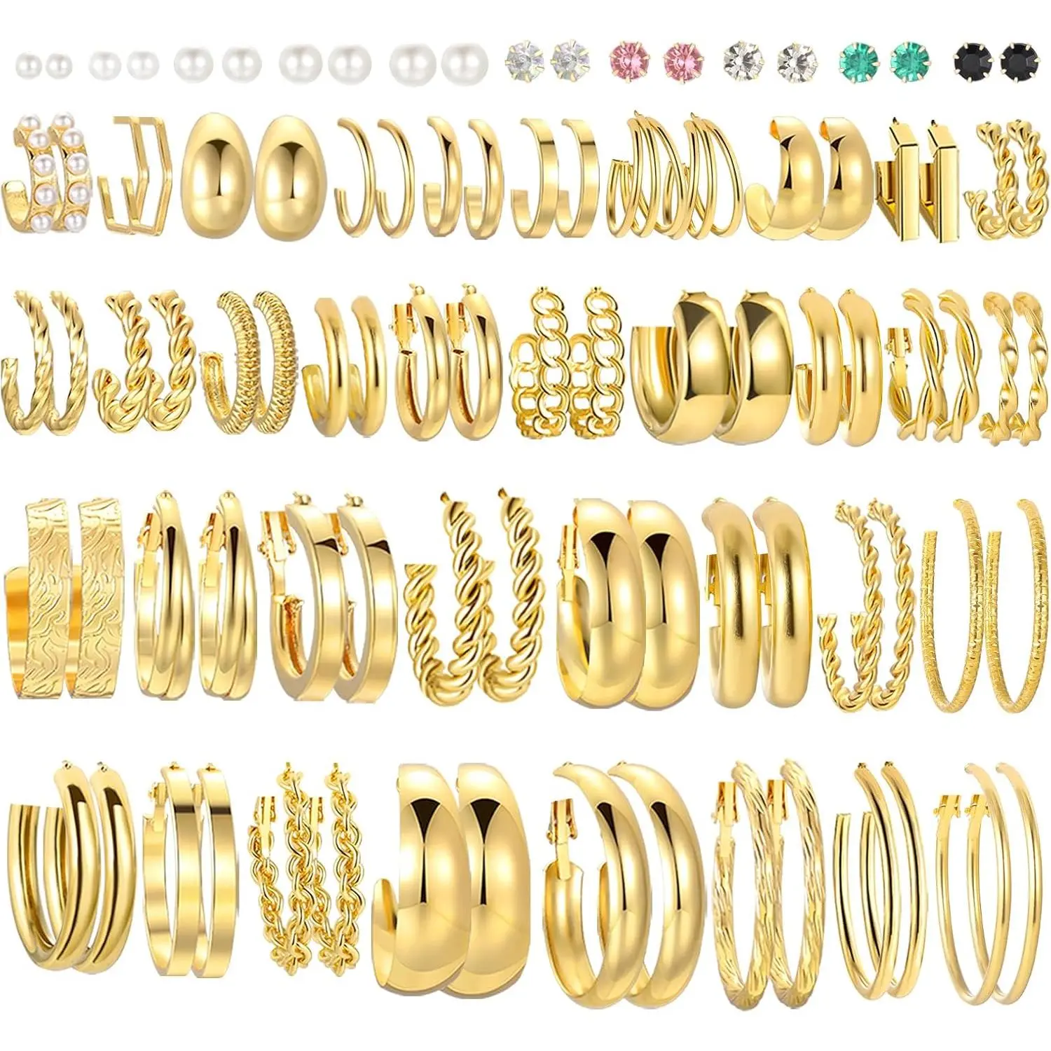 Women's 46-Pair Gold Hoop Earrings Set - Hypoallergenic Fashion Jewelry, Chunky Twisted Pearl Studs, Small & Big Multipack for Christmas, Birthday Party Gifts (DIY Beading Supplies Compatible)