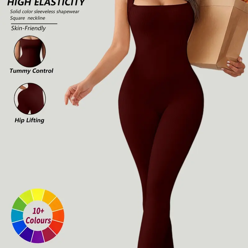 Women's Seamless Square Neck Sleeveless Top + Tight Pants Yoga Set, Skin-Friendly Breathable Elastic Waist, Solid Color Sportswear, Tummy Control, High Elasticity, Workout Jumpsuits, Seamless Yoga Outfits, Gym Clothes Workout
