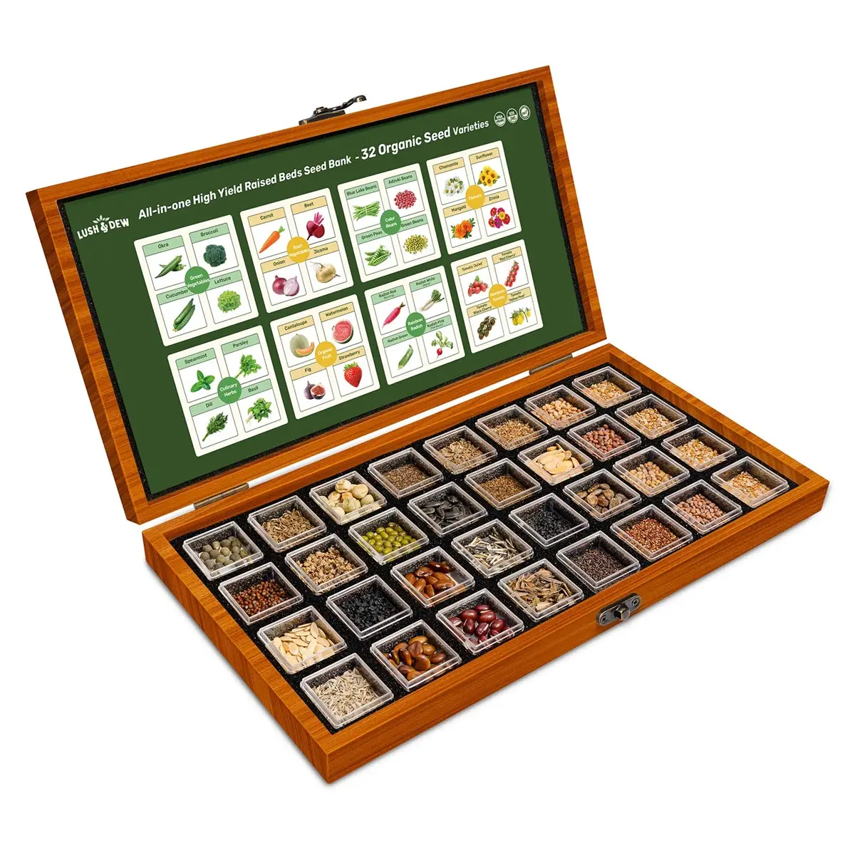 LUSH&DEW All-in-One High Yield Raised Beds Seed Bank - 32 Organic Garden Plant Seed Varieties with Vegetables, Herbs, Flowers, Fruits