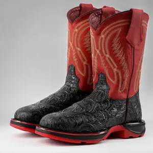 TBR Black Hand-Tooled Leather Boots With 3D Lightweight Sole - Composite Toe