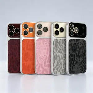 Luxury Leopard Print Large Viewfinder PhoneCase for iPhone 17 Pro Max 16 15 14 Pro Max Series, TPU+PC Dual-Layer Shockproof Protective Cover withAnti-Scratch, Non-Slip & Full Camera LensProtection, Stylish Orange Faux Suede Texture