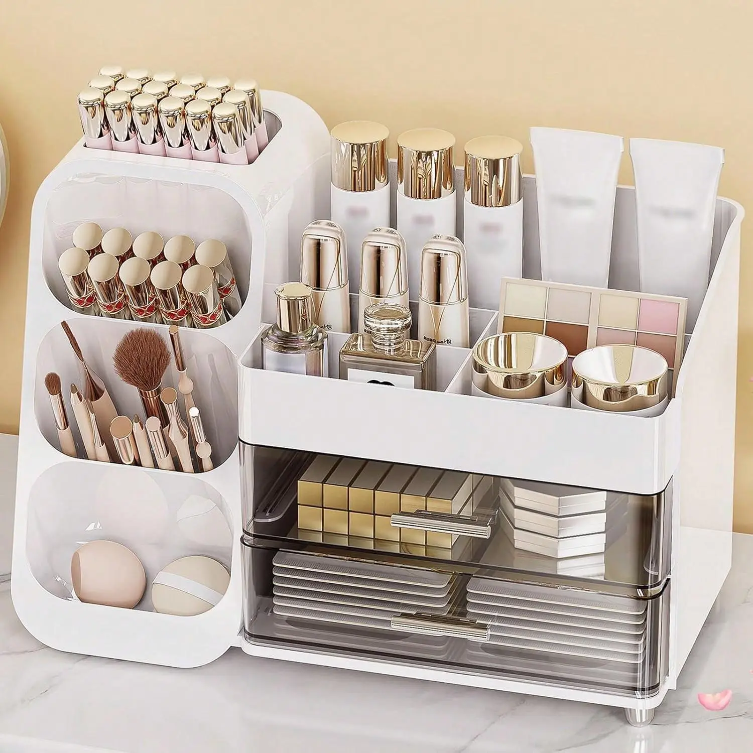 White Plastic Modern Durable Compact Cosmetic Storage Organizer with Drawers, Compartments, Thick Detachable Parts - Clutter-Free Home Organizer for Vanity, Dresser to Store Beauty Products (summerwins),summerwins