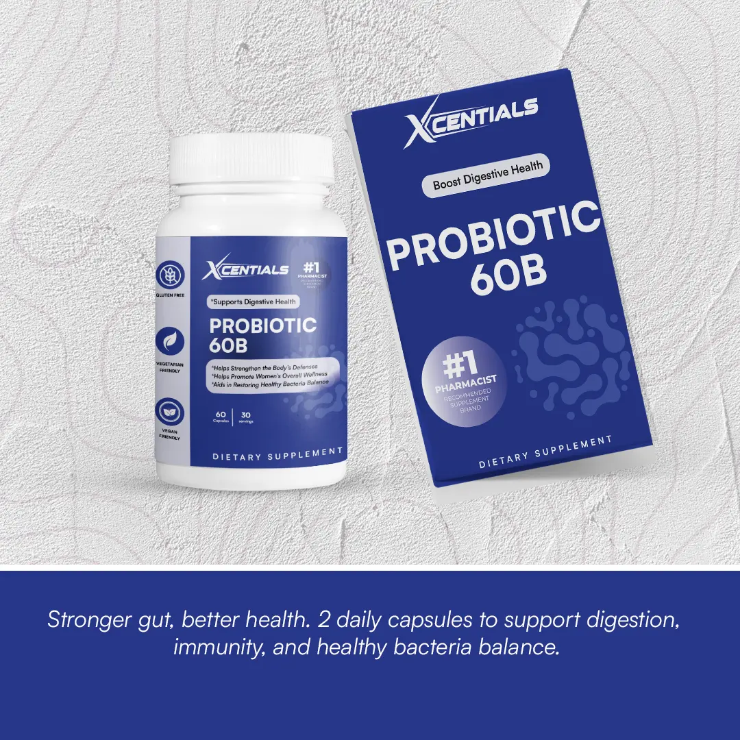 Xcentials Probiotic 60B - 10 Strains & Prebiotics for Gut Health - 60 Capsules - Science-Backed Support for Digestion & Immunity - Made in USA