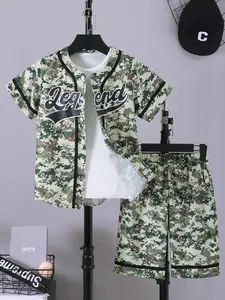 Ready Stock Boys' Casual Baseball Outfit - "Legend" Camouflage Letter Print Short Sleeve Placket Shirt & Shorts Set 2Pcs Summer Clothes For 7-15Y Kids 42411062