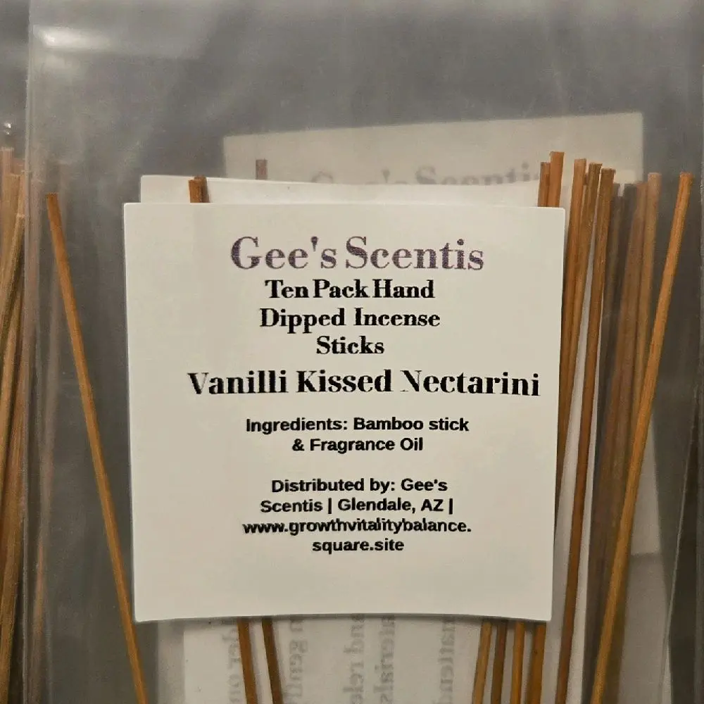 Gee's Scentis Vanilli Kissed Nectarini 10 Pack 11 Inch Hand Dipped Incense Sticks with 55 Min Burn Time Vanilla Bean Nectarine Scent