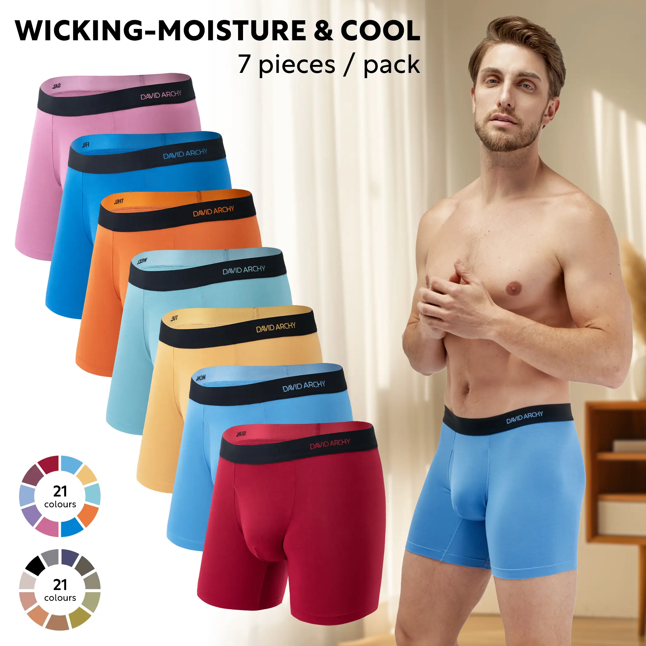 7 Pack Davd Archy Men's Bamboo Rayon Menswear Boxer Briefs, Wicking Moisture&Cool, Support Fly Pouch, Soft Machine Washable, Seamless Fabric Spandex B