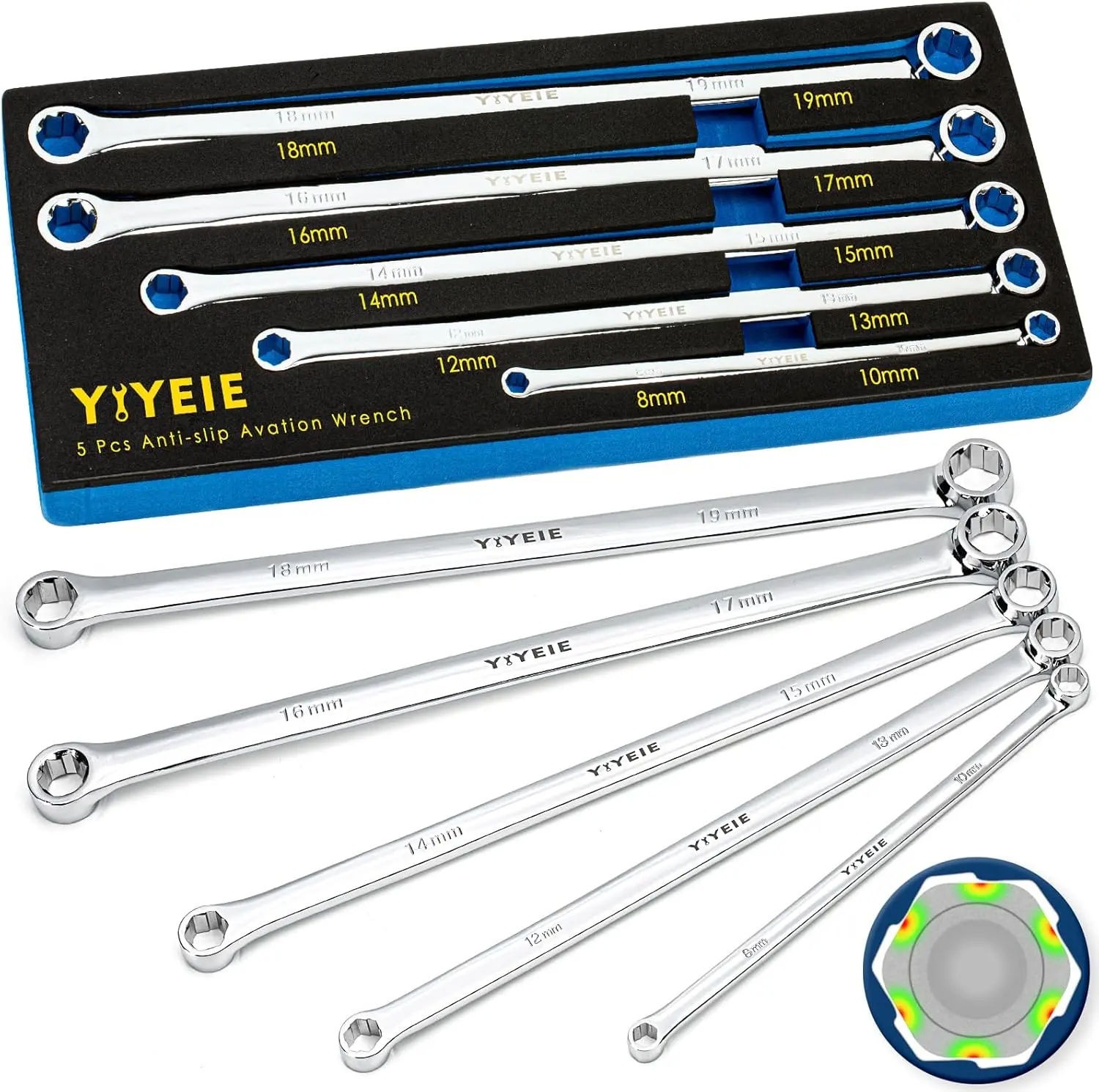 YIYEIE 5-Piece Extra Long Box End Wrench Set, Metric 8mm-19mm, 6 Point Extended Bolt Extractor Wrench, CR-V Labor-Saving Aviation Spanner with EVA Foam