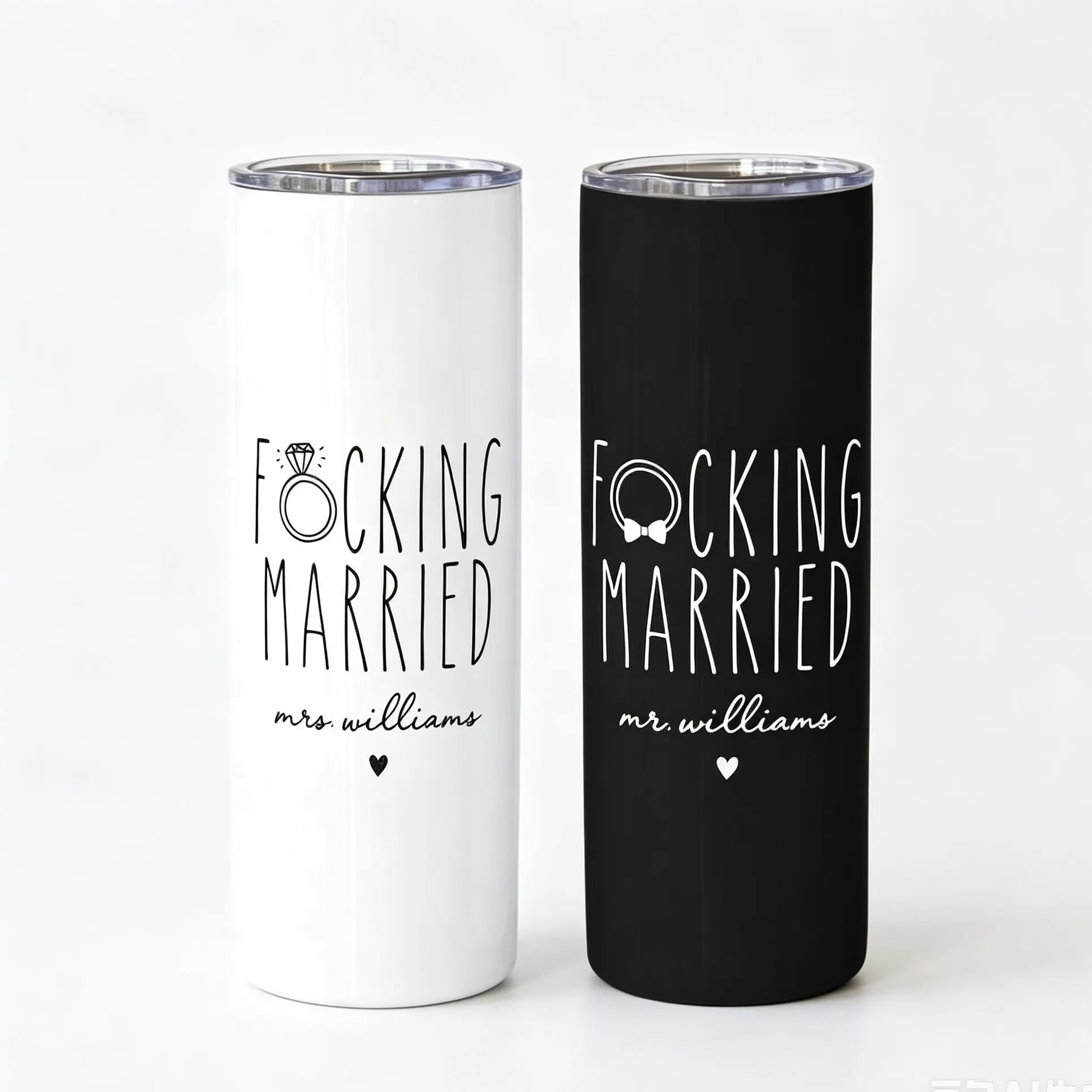 2PC Personalized Funny Stainless Leakproof Glossy Reusable Flasks Set, Bride & Groom Matching His & Hers Custom Name Wedding Drinkware, Newlywed Couple Gift, Insulated
