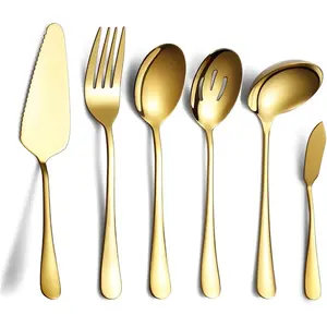 6-Piece Gold Serving Flatware Set-Stainless Steel Utensils, With Cake Server, Slotted Spoon, Serving Spoon, Meat Fork, Butter Knife, Soup Ladle