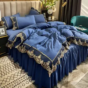 Embroidered Lace Decorative Bedding Set, 4 Counts/set Including 1 Count Bed Skirt & 1 Count Quilt Cover & 2 Counts Pillowcase, Bedding Supplies for Home Bedroom