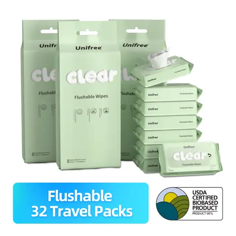 Unifree Mini Flushable Wipes, Portable Travel Packs, Gentle Hypoallergenic Plant-Based Toilet Wipes with Light Floral Scent, Biodegradable, Septic & Sewer Safe, Home Care Essentials, boobasket, sohochic, home essentials, gift ideas, cozy home