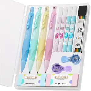 Children's writing pencils, featuring a comfortable ergonomic grip, 4 cute mechanical pencils with 44 lead refills, 2 sharpeners/erasers, and attractive children's writing and learning supplies