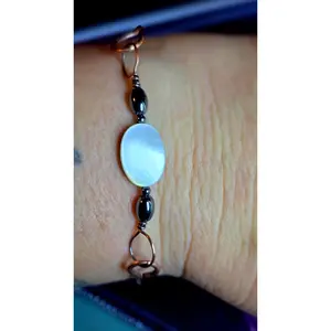 Lunar Glow Bangle – Hand-Wrapped Mother of Pearl, Hematite & Copper Bracelet