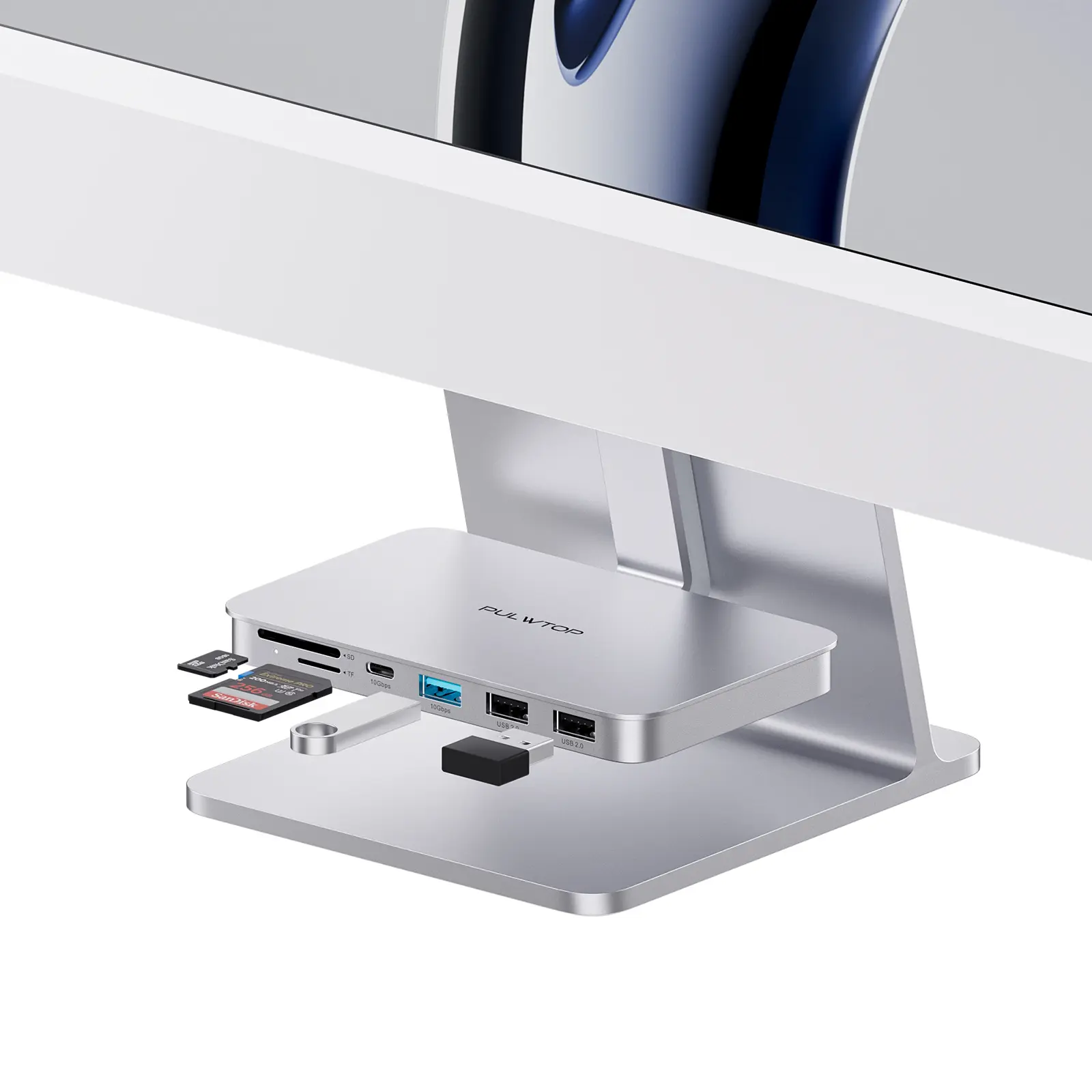 PULWTOP USB C HUB for iMac 2021/2023/2024, iMac Hub with USB A/C 10Gbps, 2 USB A 2.0, SD/TF Card Reader for iMac 24 inch & Studio Display 2 Sliver