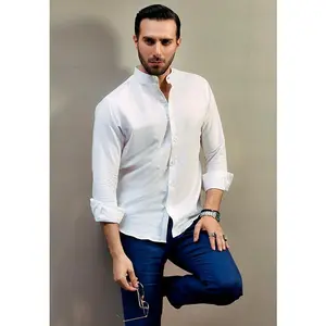 Pearl White Stretch Band Collar Shirt