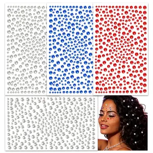 Women's 4th of July Self-Adhesive Makeup Gems - 4 Sheets Red White Blue Round Patriotic Eye Rhinestone Face Hair Stickers (Style 01)