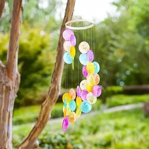 Rainbow Seashell Wind Chimes Outdoor Indoor Hanging Handmade Painted Colorful Beach Coast Ocean Home Decorative Hanging Mobiles Memorial Sympthy Gift