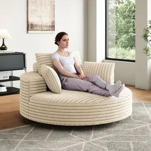 Oversized Round Chaise Longue Chair Indoor, Modern 55-inch Upholstered Corduroy Deep Seat Circle Single Cloud Lounge Floor Sofa Chair for Living Room, Bedroom Apartment