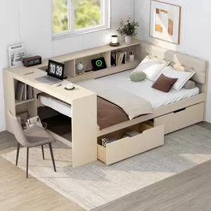 Full Size Platform Bed with Bookcase Sideboard, Storage Drawers and Upholstered Headboard, Wood Daybed Frame with Desk and USB Charging Station
