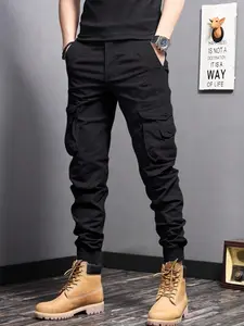 Men's Plain Button Pocket Cargo Pants, Regular Fit Street Fashion Casual Slant Pocket Drawstring Waist Jogger Pants For Daily Wear, Woven Bottoms For All Seasons