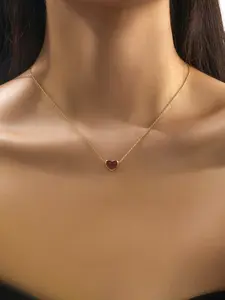 1pc Elegant Red Heart Pendant Necklace For Women, Gold Zinc Alloy Love Necklace With 41+6cm Adjustable Chain, Romantic Gift For Birthday, Anniversary & Valentine’s Day