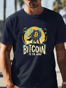 Men's Slim Fit Cotton T-Shirt with Bitcoin Moon Print - Casual, Lightweight & Comfortable Round Neck Tee for Summer