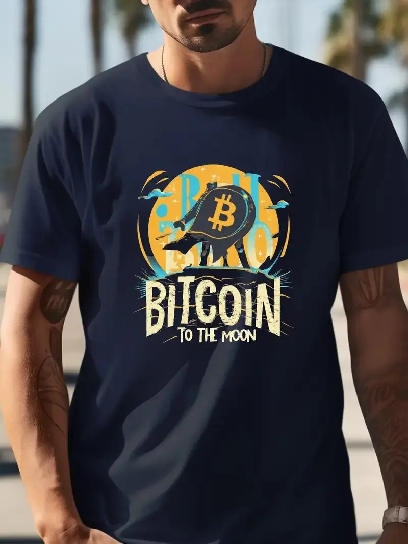 Men's Slim Fit Cotton T-Shirt with Bitcoin Moon Print - Casual, Lightweight & Comfortable Round Neck Tee for Summer