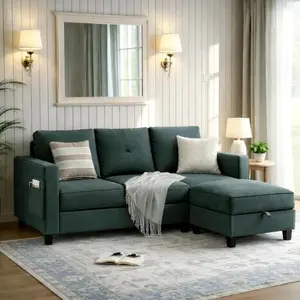 Convertible L-Shaped Sectional Sofa with Reversible Storage Ottoman, 3-Seat Modern Fabric Couch for Living Room, Small Space Apartment Sofa with Side Pockets & Firm Cushions