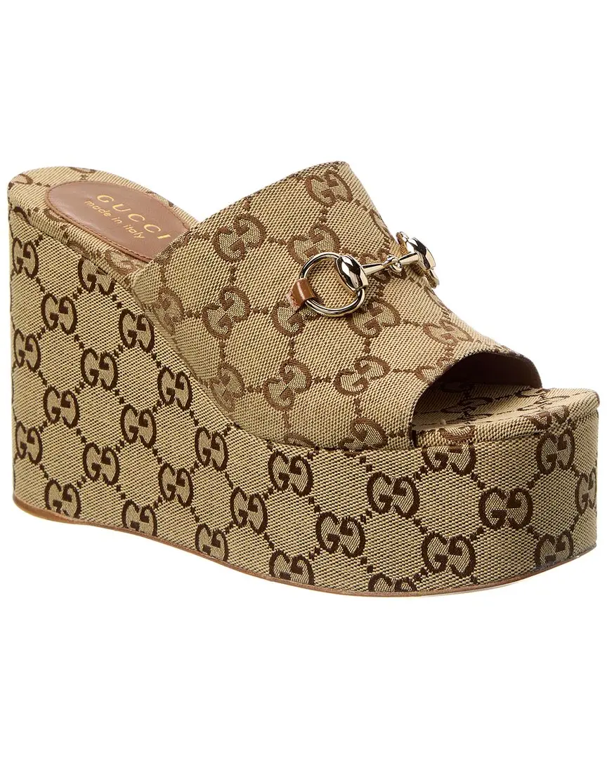 Gucci Horsebit GG Canvas Wedge Sandal