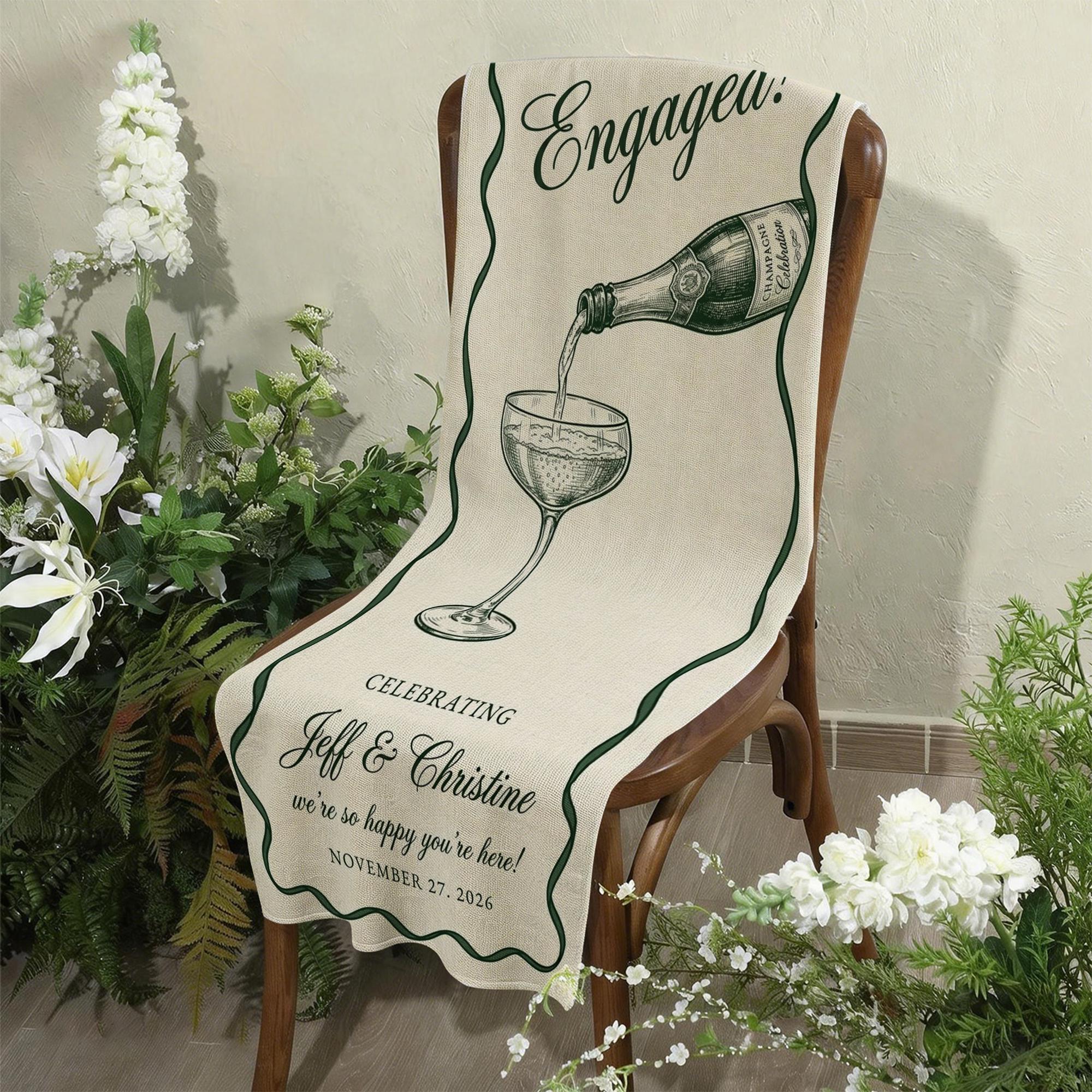 Personalized Linen Cotton Tapestry, Welcome Engagement Sign, Party Banner, Champagne Decor, Garden Wedding Art, Couple Party Sign, Gift for Couple, Personalized Mothers Day Gifts