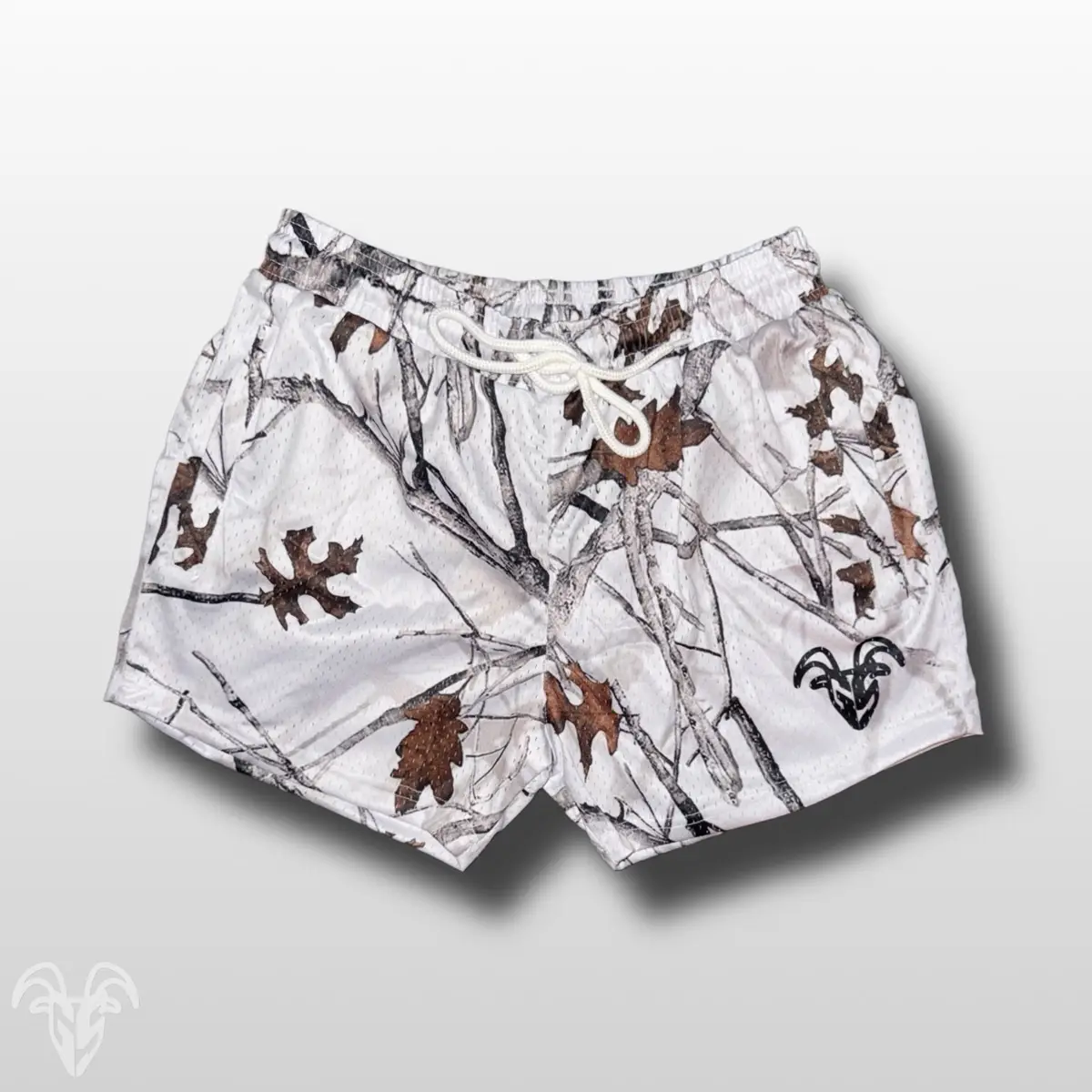 Goat Strength 5 inch inseam arctic Camo shorts | Snow Camo gym shorts | realistic white Camouflage athletic shorts - Zipper pockets