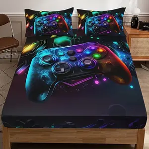3pcs Fashion Cool Gaming Controller Bedding Set (1 Fitted Sheet + 2 Pillowcases), Home Dorm HD Print, Bedding With Gaming Controller Print, Decorative Bedsheet Sets, No Core Included
