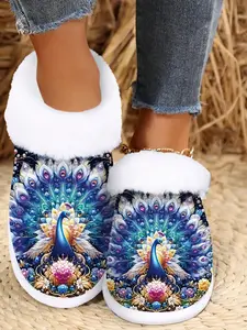 Women's Peacock Print Slippers, Cozy Fleece Lined Indoor Shoes, Soft Fabric Upper, Non-Slip Rubber Sole, Perfect for Home & Gifts