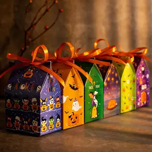24, Halloween small house candy box pumpkin bat biscuit party gift box gift packaging box, Halloween candy box house shape trick or treat biscuit box gift bag, with ribbon Halloween party gift packaging supplies, packaging boxes, candy boxe