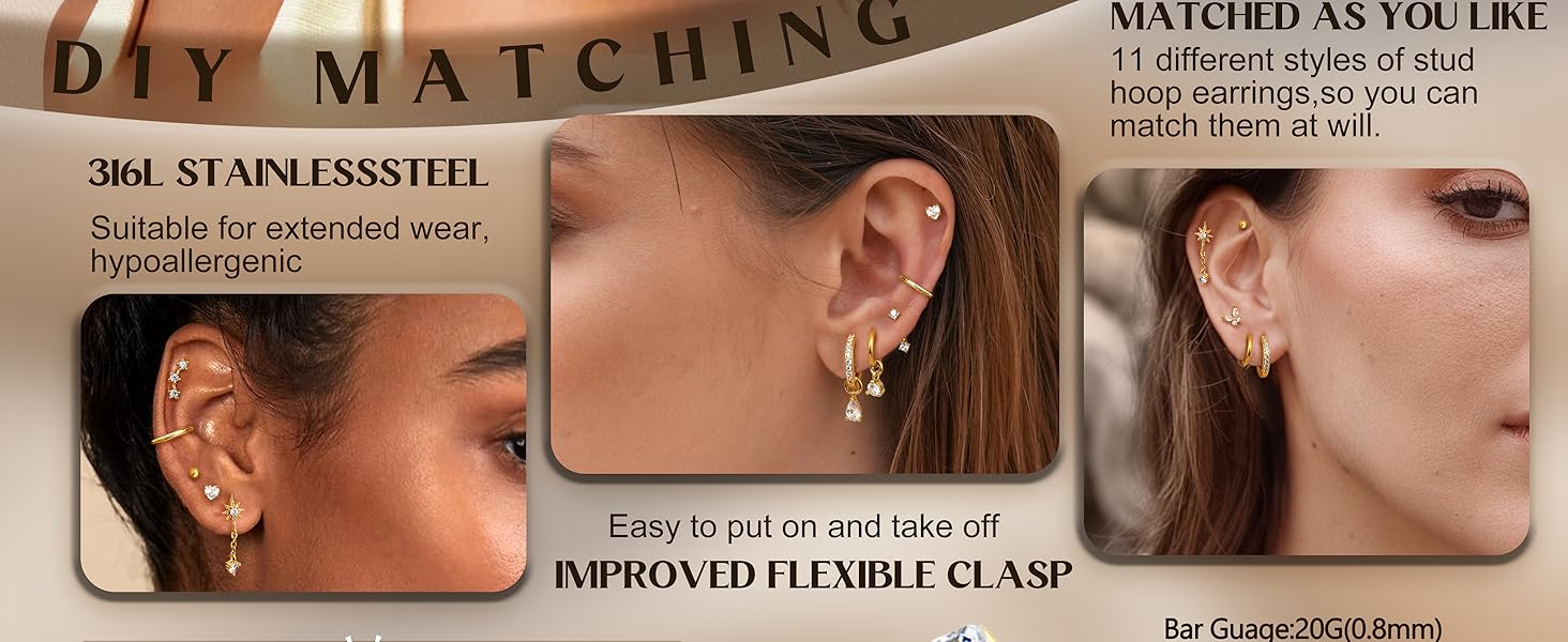 LOLIAS Flat Back Earrings for Women-Hypoallergenic 316L Surgical Steel Earrings Stacks Set-14K Gold Plated Small Stud & Hoop Earrings Cartilage Tragus Helix Piercing Jewellery