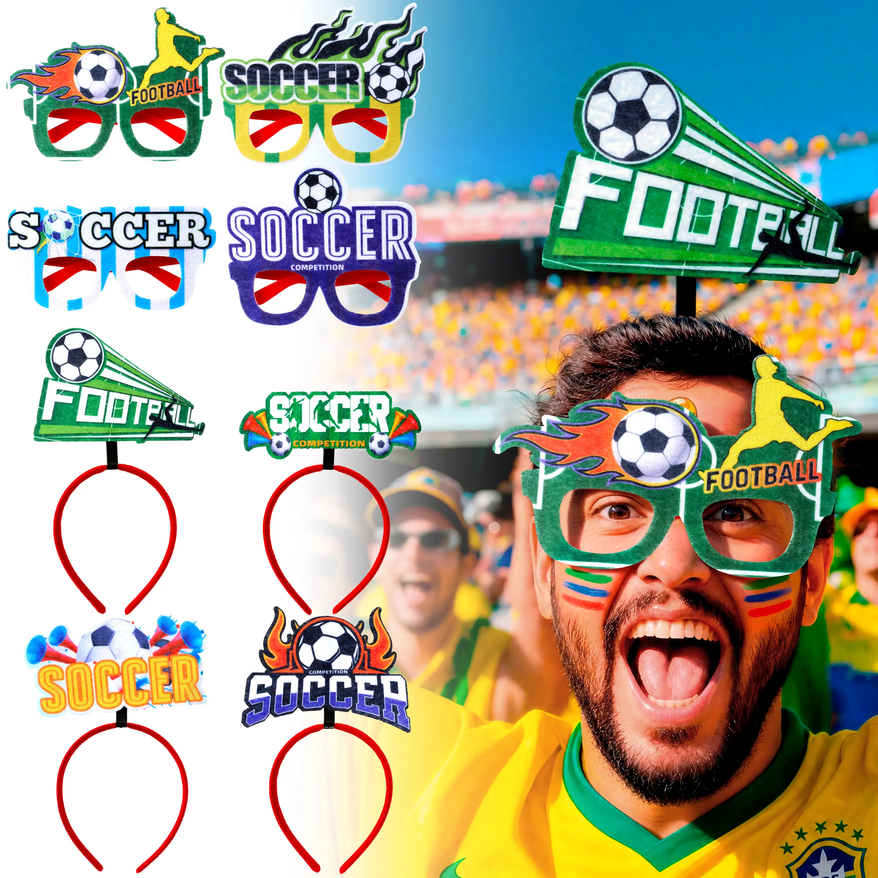 JOYIN 8 PCS Soccer Party Accessories Set, Headbands and Glasses for Fans, Sports Party Photo Booth Props, Team Spirit Costume Accessories for Parties, Events, Competitions, Soccer Theme Decorations