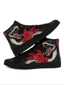 Fashionable Snake & Rose Pattern High Top Canvas Shoes, Stylish Sneakers for Men & Women, Unique Lunar New Year Gift for Chinese Culture Enthusiasts, Boy