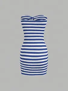 Women's Colorblock Striped Backless Knit Crop Top Mini Dress, Summer Fashion, Slim Fit, Casual Chic Fitted, Trendy and Stylish, Perfect for Warm Weather