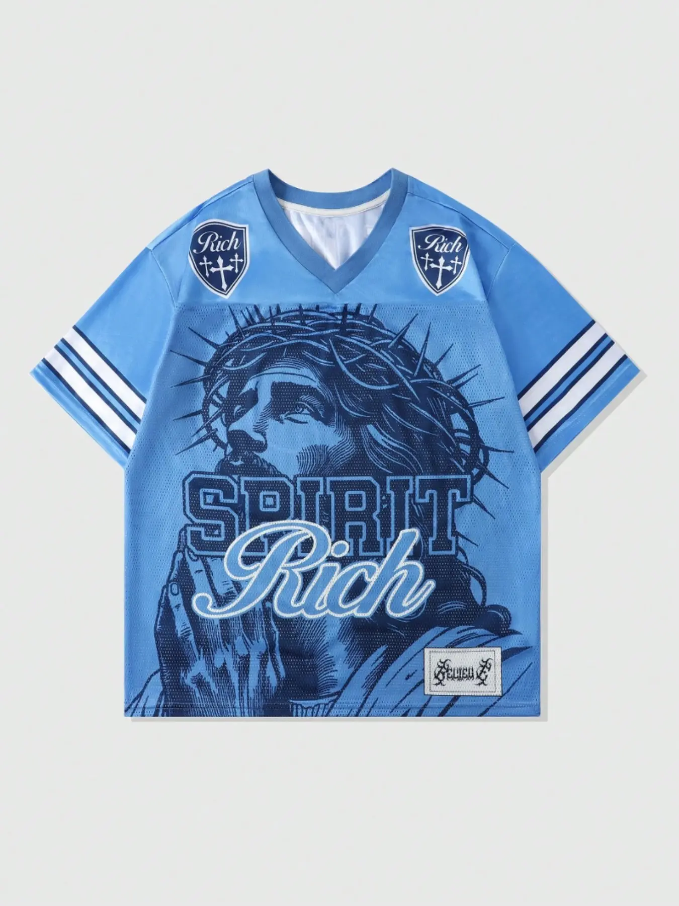 Y2K American Vintage Religious Print Mesh Short Sleeve Fitted T-Shirt, Women's V Neck Digital Print Tee, Hip Hop Cool Casual Style Streetwear Party Summer, Casual Streetwear Top