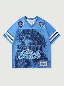 Y2K American Vintage Religious Print Mesh Short Sleeve Fitted T-Shirt, Women's V Neck Digital Print Tee, Hip Hop Cool Casual Style Streetwear Party Summer, Casual Streetwear Top
