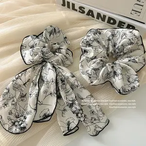 Korean Woman Big Elegant Black White Printed Elastic Hair Band Scrunchies Hair Ties Ladies Ponytail Holder Hair Accessories