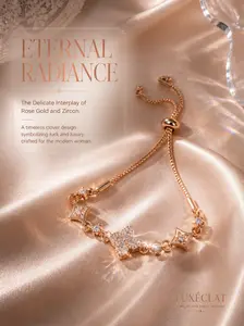 Rose Gold Plated Clover Cubic Zirconia Slider Bracelet, Adjustable Four-Leaf Clover Charm Chain, Hypoallergenic Luck & Luxury Jewelry for Women