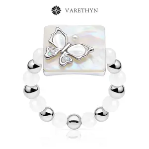 Rhodium Plated Mother of Pearl Butterfly Ring Elastic Jade Beaded Ring Spiritual transformations Ring Jewelry for Women for Her