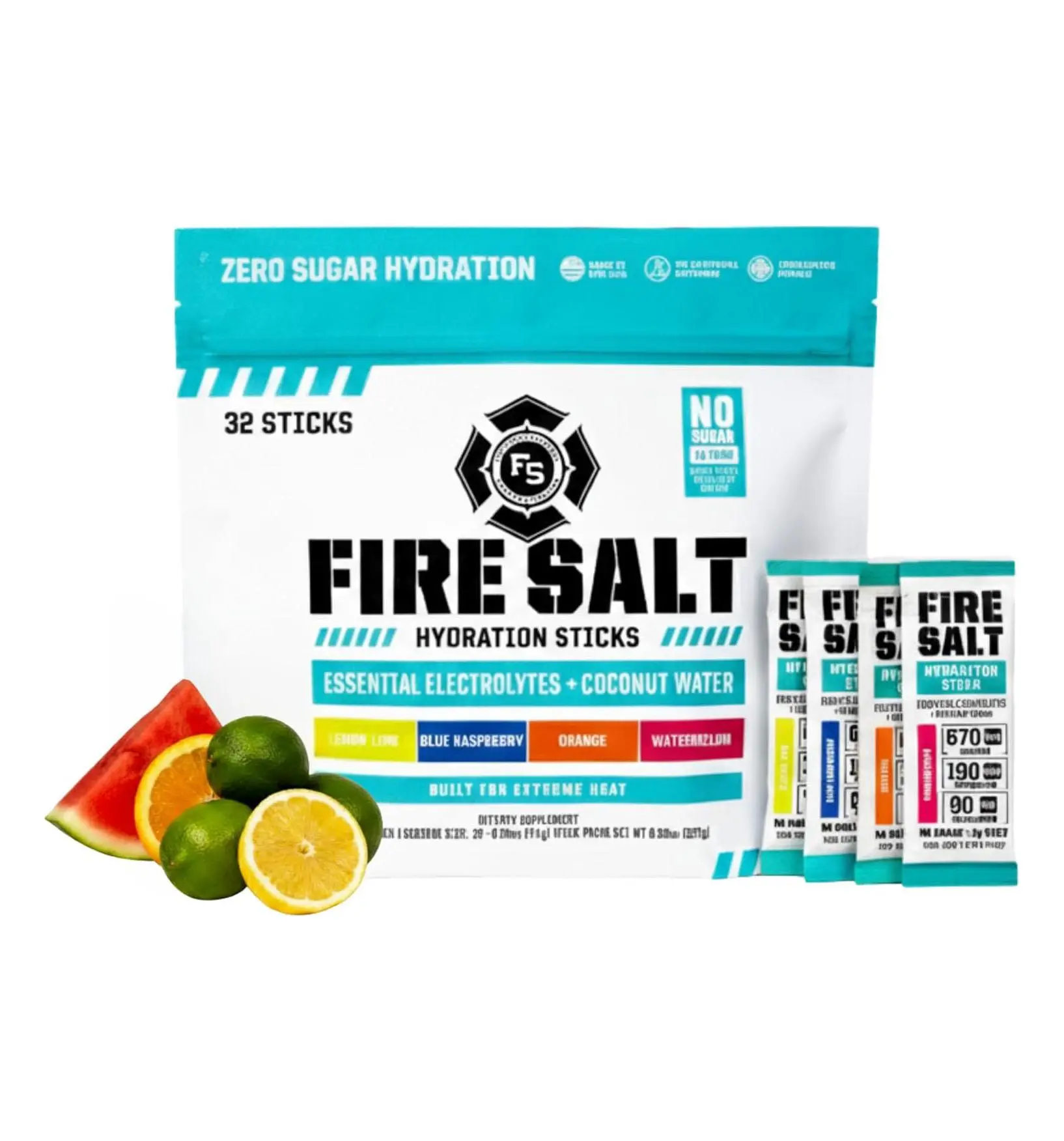 Fire Salt Hydration Sticks with Electrolytes & Organic Coconut Water, Magnesium & Mediterranean Sea Salt, Zero Sugar, Single Serve On the Go Packs, Variety Pack, 32 Count