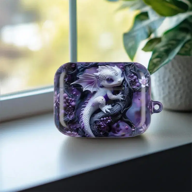 2D Flat Printed Cute Purple Baby Dragon Fantasy Case Cover Compatible with AirPods Pro 2 1 3, AirPods 4 3 2 1 - Mythical Creature Aesthetic Smooth Glossy Hard Case