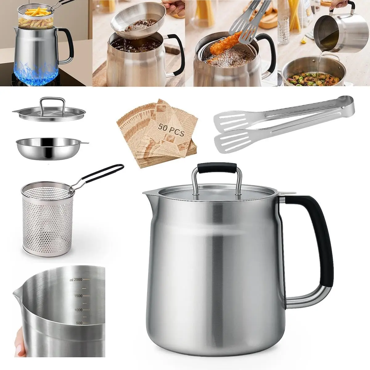 68oz 304 Stainless Steel Oil Strainer Pot, Large Capacity Kitchen Oil Container Can, with Strainer and Anti-Scalding Mat, heat resistant silicone handles, measuring scale up to 2000ml