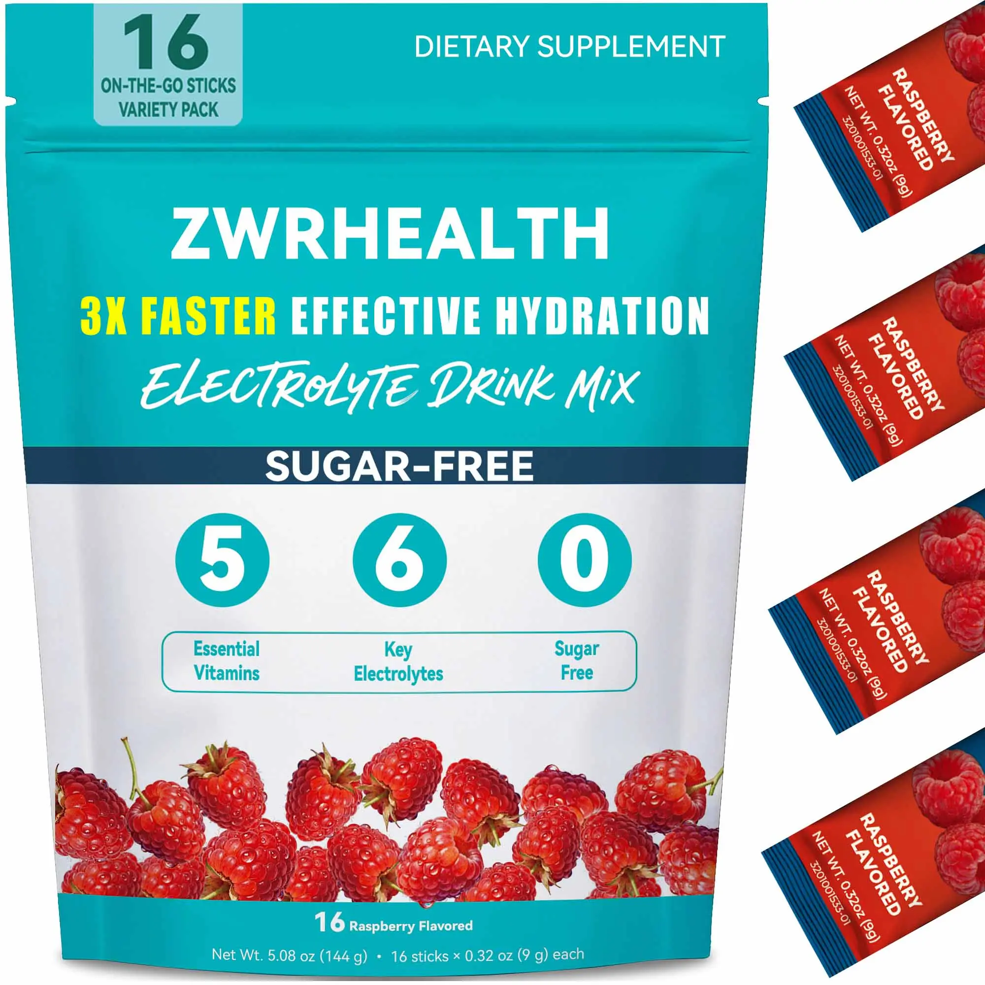ZWRHEALTH Electrolyte Drink Mix Powder, Sugar Free Hydration Packets, Raspberry Flavor, 16 Count, Low Calorie Electrolyte Powder for Daily Hydration
