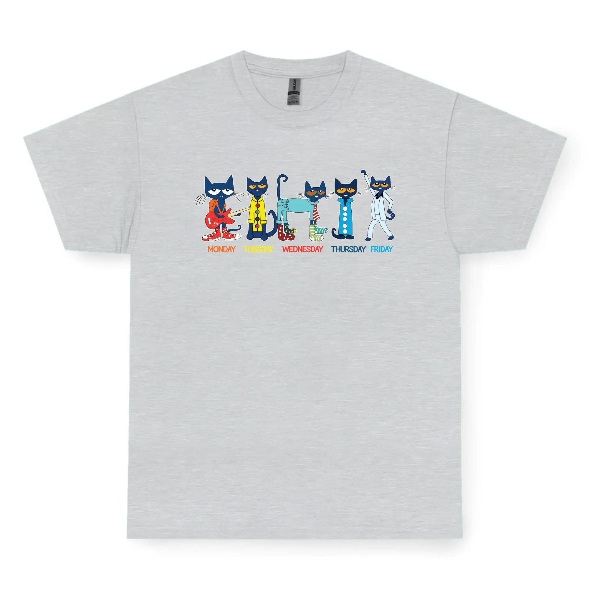 Funny Cat Week Days Graphic T-Shirt, Cute Cartoon Cat Monday to Friday Tee Teacher School Reading Shirt Kids Gift