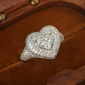 Luxury Blinding Sparkle Heart Full Micro Pave Zirconia Simulated Diamond Cuban Link Ring - Unique Design Engagement Proposal Gift