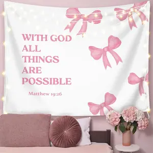 Coquette Pink Bow Christian Tapestry Wall Hanging, Preppy Room Decor, with God All Things are Possible Inspirational Bible Verse Wall Blanket Decor for Girls Room Dorm Apartment, 50x60 Inch